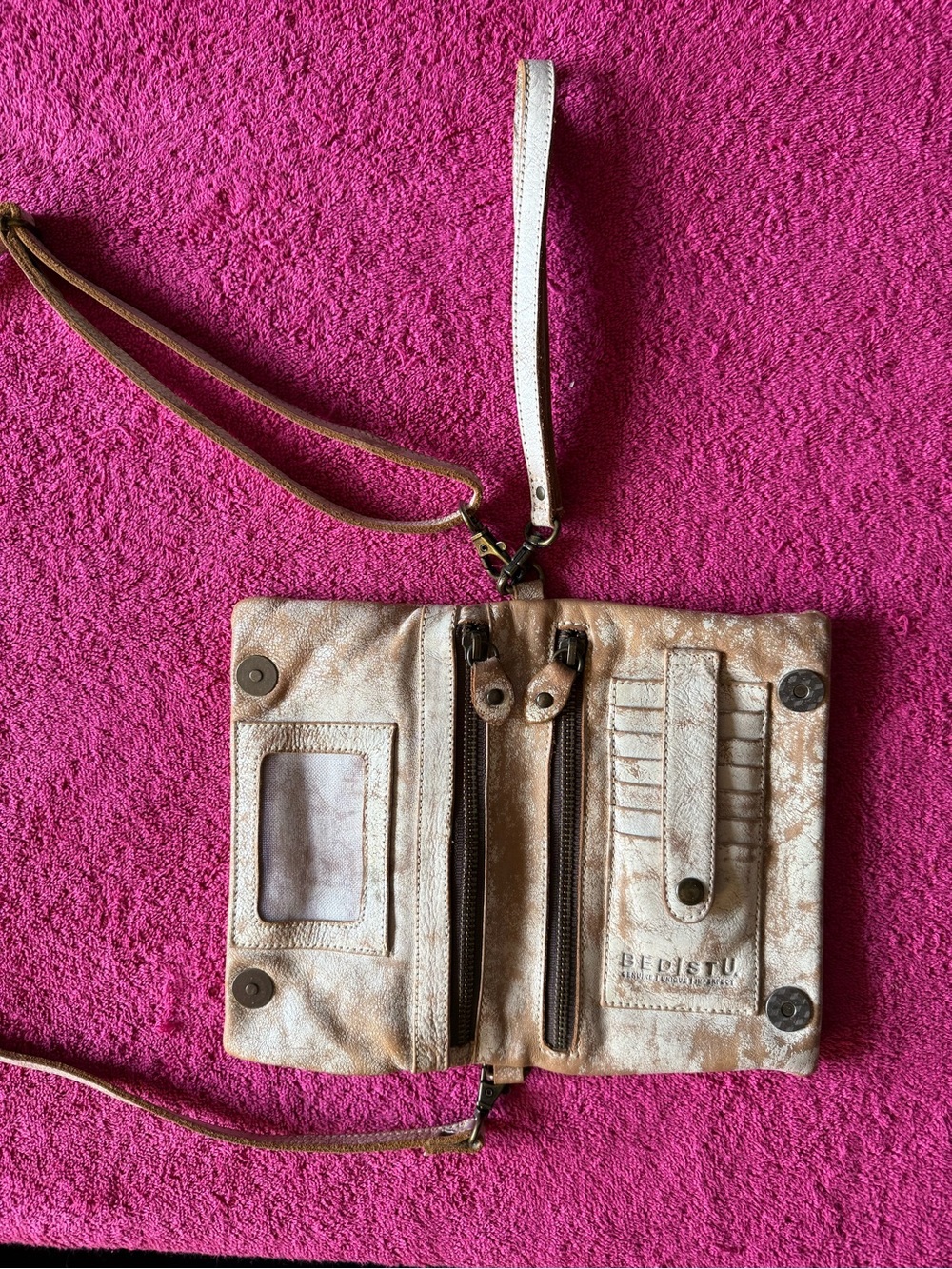 Bed Stu metallic beige leather wristlet purse or wallet with detachable straps